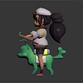 Woman Cartoon Character Wearing White Hat And Jacket Holding Green Leaf With Green Pig Companion