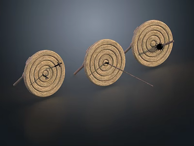 Three Ancient Wooden Throwing Weapons With Circular Concentric Circles And Rods 3d model