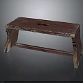 Dark Colored Wooden Bench With Worn Surface Central Hole And Curved Legs
