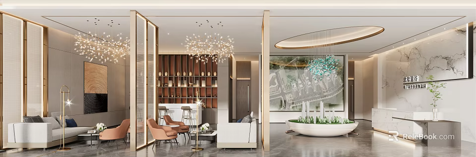 Elegant Modern Sales Office Interior Design With Luxury Chandelier Sofa And Decorative Elements 3d model 
