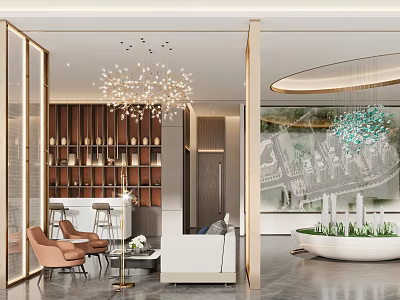 Elegant Modern Sales Office Interior Design With Luxury Chandelier Sofa And Decorative Elements 3d model