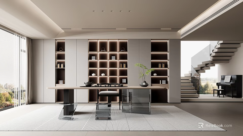 Modern Tea Room Interior Design With Illuminated Shelves Wooden Table And Green Plant 3d model 