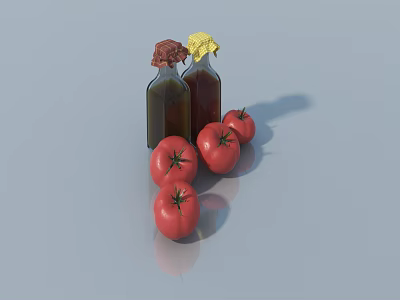 Fresh Ripe Red Tomatoes With Glass Bottles On Light Blue Surface 3d model