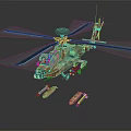 Camouflage Military Helicopter With Orange And Brown Rotors Front Cannon And Two Missiles