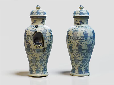 Floral Patterned Blue And White Porcelain Vases One Broken One Intact 3d model