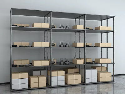 Sturdy Metal Display Shelving With Multi Tiered Racks And Storage Boxes In Warehouse 3d model