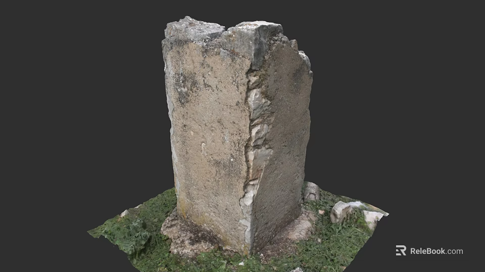Garden Landscape With Weathered Stone Pillar Surrounded By Green Grass And Small Stones 3d model 
