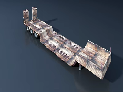 Rusty Weathered Flatbed Trailer With Multiple Wheels And Sloped Platform Design 3d model