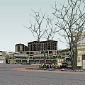 Modern Commercial Street With Multi Storey Buildings Green Awnings And Pedestrian Steps