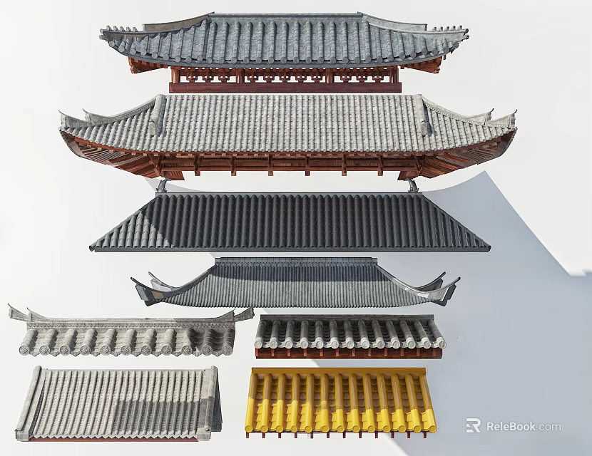 Chinese Traditional Roof Components With Layered Structures Grey Yellow Tiles And Classic Eave Designs 3d model 