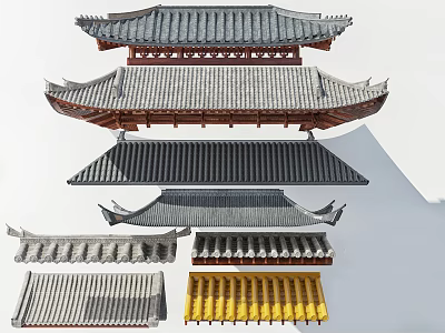 Chinese Traditional Roof Components With Layered Structures Grey Yellow Tiles And Classic Eave Designs 3d model