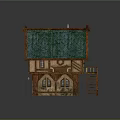 Cartoon Scene Of Small House With Green Tiled Roof Wooden Structure And Stairs