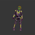 Futuristic Female Character In Yellow And Black Armor Suit Standing On Reflective Gray Background
