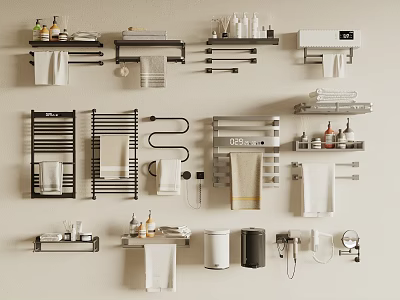 Stylish Bathroom Towel Storage With Various Racks Hanging Towels And Toiletries 3d model