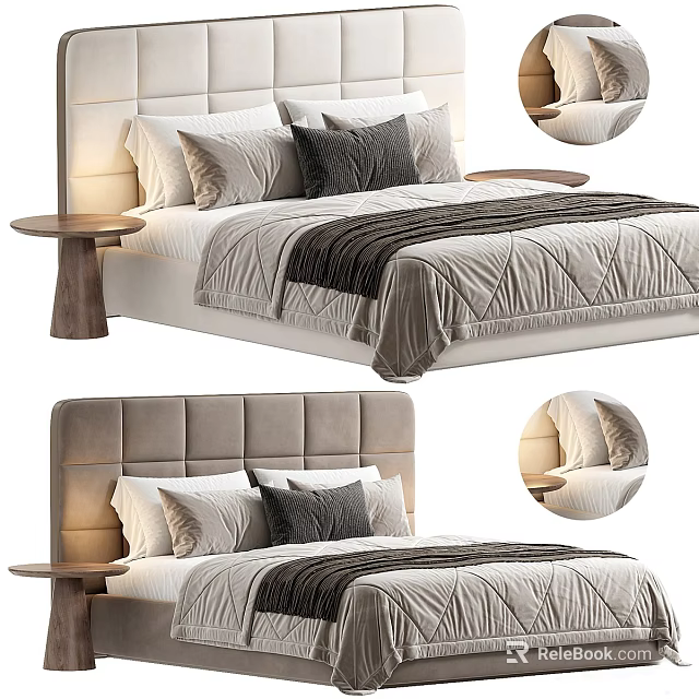 Modern Double Bed with Upholstered Headboard Soft Pillows Bed Runner and Wooden Nightstand 3d model 