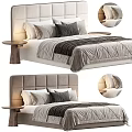 Modern Double Bed with Upholstered Headboard Soft Pillows Bed Runner and Wooden Nightstand