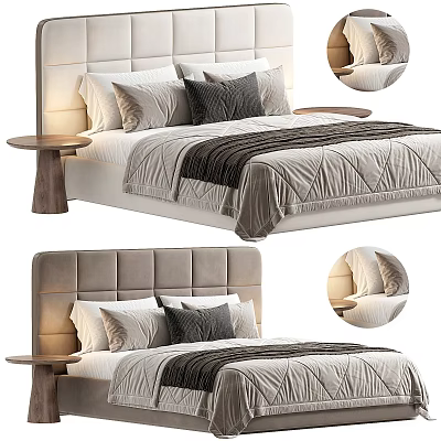 Modern Double Bed with Upholstered Headboard Soft Pillows Bed Runner and Wooden Nightstand 3d model