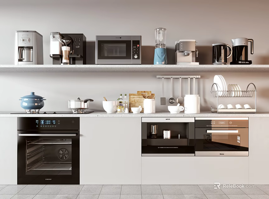 Organized Kitchen Countertop With Coffee Maker Microwave Blender Kettle Pots Bowls And Cooking Utensils 3d model 