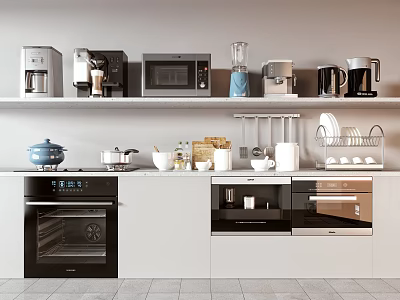Organized Kitchen Countertop With Coffee Maker Microwave Blender Kettle Pots Bowls And Cooking Utensils 3d model