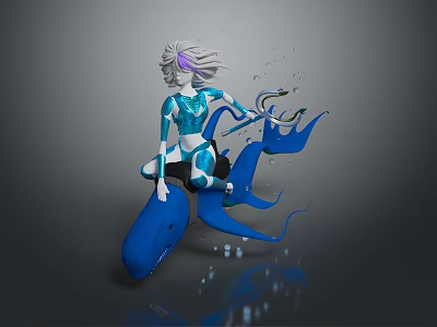 3D Female Figure With White Hair Riding Blue Whale Like Octopus Creature Tentacles Water Droplets 3d model