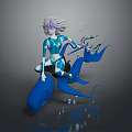 3D Female Figure With White Hair Riding Blue Whale Like Octopus Creature Tentacles Water Droplets
