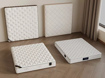 Four White Mattresses With Various Quilted Patterns On Wooden Floor 3d model