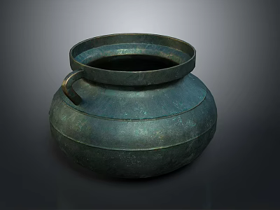 Artisan Crafted Ancient Bronze Sculptural Vessel With Textured Surface And Handle Design 3d model