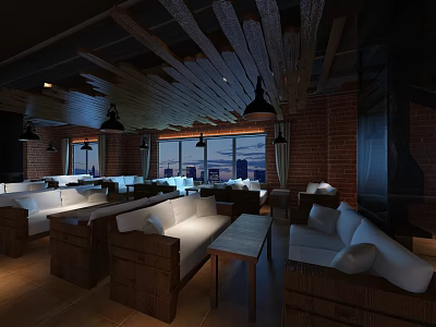 Cozy Café Interior With Wooden Ceiling Brick Walls Sofa Seating Pendant Lights And City View 3d model