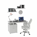 Modern Office Desk And Chair Set With Desk Lamp Laptop Bookshelf And Wall Clock