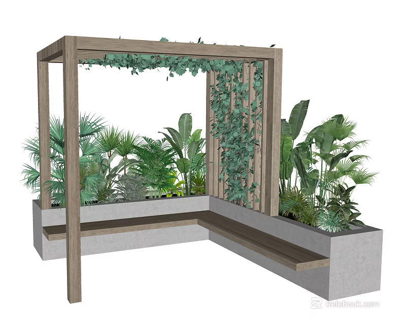 Wooden Pergola Design With Green Plants Climbing Vines And Concrete Planter Bench 3d model 