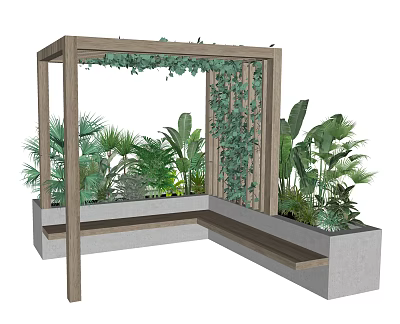 Wooden Pergola Design With Green Plants Climbing Vines And Concrete Planter Bench 3d model