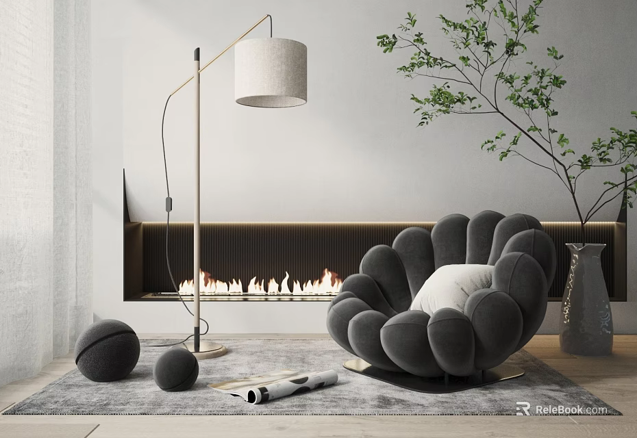 Unique Modern Accent Chair With Fireplace Floor Lamp And Green Plant Decor 3d model 