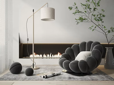 Unique Modern Accent Chair With Fireplace Floor Lamp And Green Plant Decor 3d model