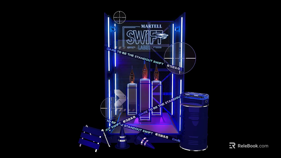 Martelli Swift Display With Purple Stage Blue Neon Lights Three Candles Barrel And Chairs 3d model 