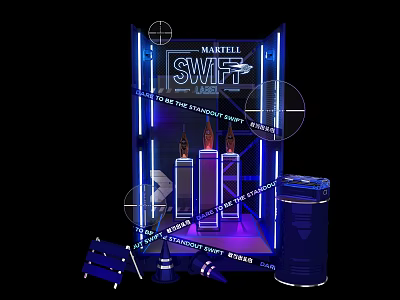 Martelli Swift Display With Purple Stage Blue Neon Lights Three Candles Barrel And Chairs 3d model