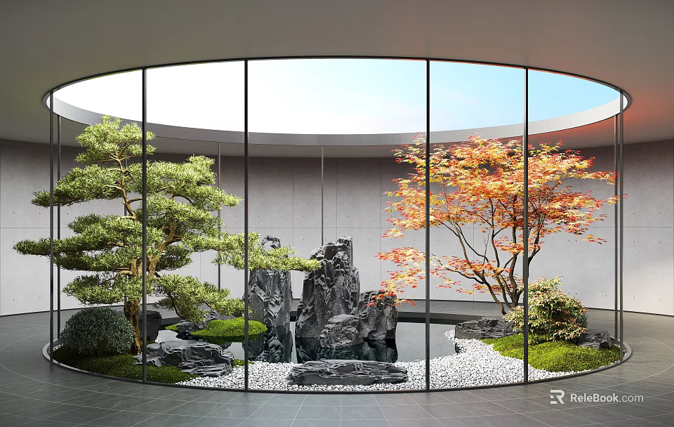 Tranquil Courtyard Garden with Circular Glass Windows Rock Formations Pond Green Grass and Pebbles 3d model 