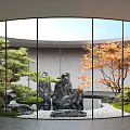 Tranquil Courtyard Garden with Circular Glass Windows Rock Formations Pond Green Grass and Pebbles