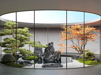 Tranquil Courtyard Garden with Circular Glass Windows Rock Formations Pond Green Grass and Pebbles 3d model