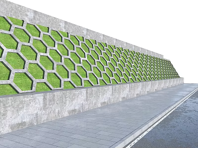 Modern Building Exterior Wall With Hexagonal Green Plant Pattern Concrete Base And Sidewalk 3d model