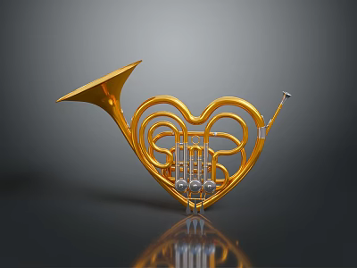 Golden Heart Shaped Horn with Shiny Surface on Dark Background 3d model