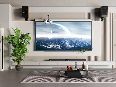 Modern TV Wall With Projector Speakers And Greenery 3d model