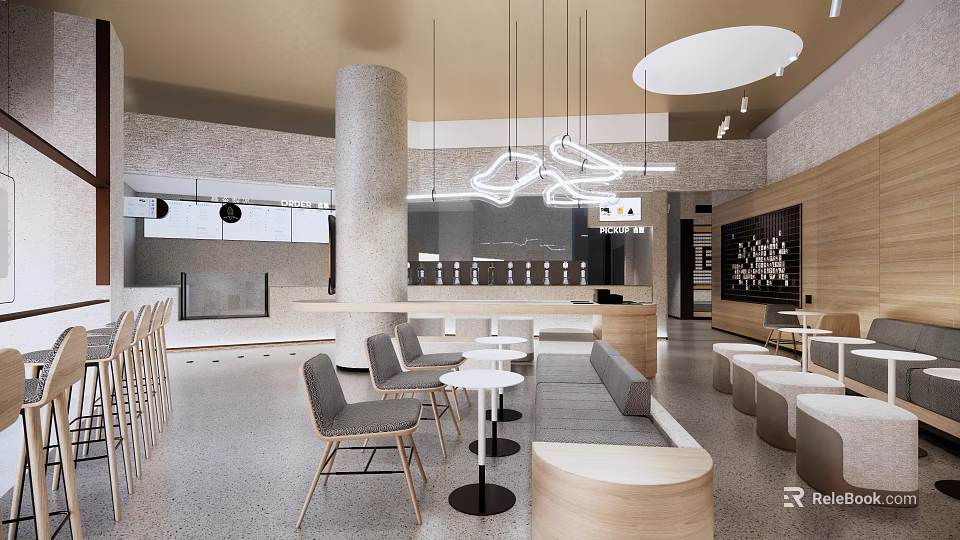 Modern Bubble Tea Shop Interior with Pendant Lights Concrete Column Bar and Cozy Seating Area 3d model 