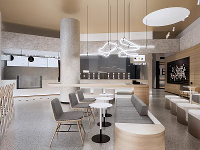 Modern Bubble Tea Shop Interior with Pendant Lights Concrete Column Bar and Cozy Seating Area 3d model