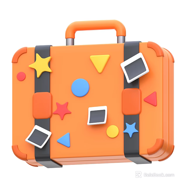 Vibrant Orange Suitcase With Colorful Geometric Shapes Stars Triangles Circles Squares And Photo Frames 3d model 