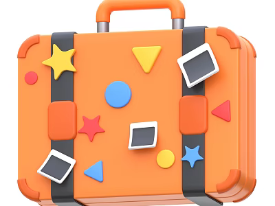 Vibrant Orange Suitcase With Colorful Geometric Shapes Stars Triangles Circles Squares And Photo Frames 3d model