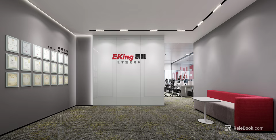 Modern Public Office Space With EKing Logo Workstations Paintings Red Sofa And White Table 3d model 