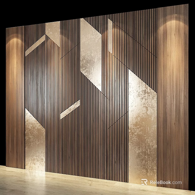 Modern Geometric Wall Decor Featuring Vertical Stripes Metallic Accents Wooden Panels And Lighting 3d model 