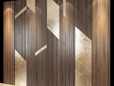 Modern Geometric Wall Decor Featuring Vertical Stripes Metallic Accents Wooden Panels And Lighting 3d model