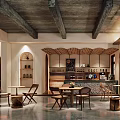 Cafe Interior Design with Wooden Tables Arched Details Ceiling Beams and Bar Counter