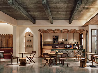 Cafe Interior Design with Wooden Tables Arched Details Ceiling Beams and Bar Counter 3d model